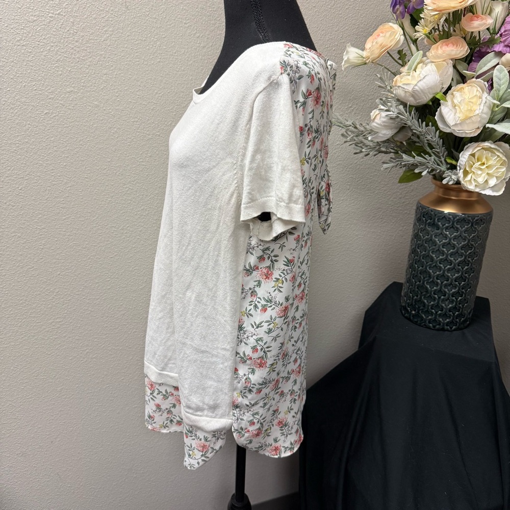 LOFT Ivory Knit Top Floral Chiffon Back Tie Mixed Media Blouse M - Picture 2 of 7